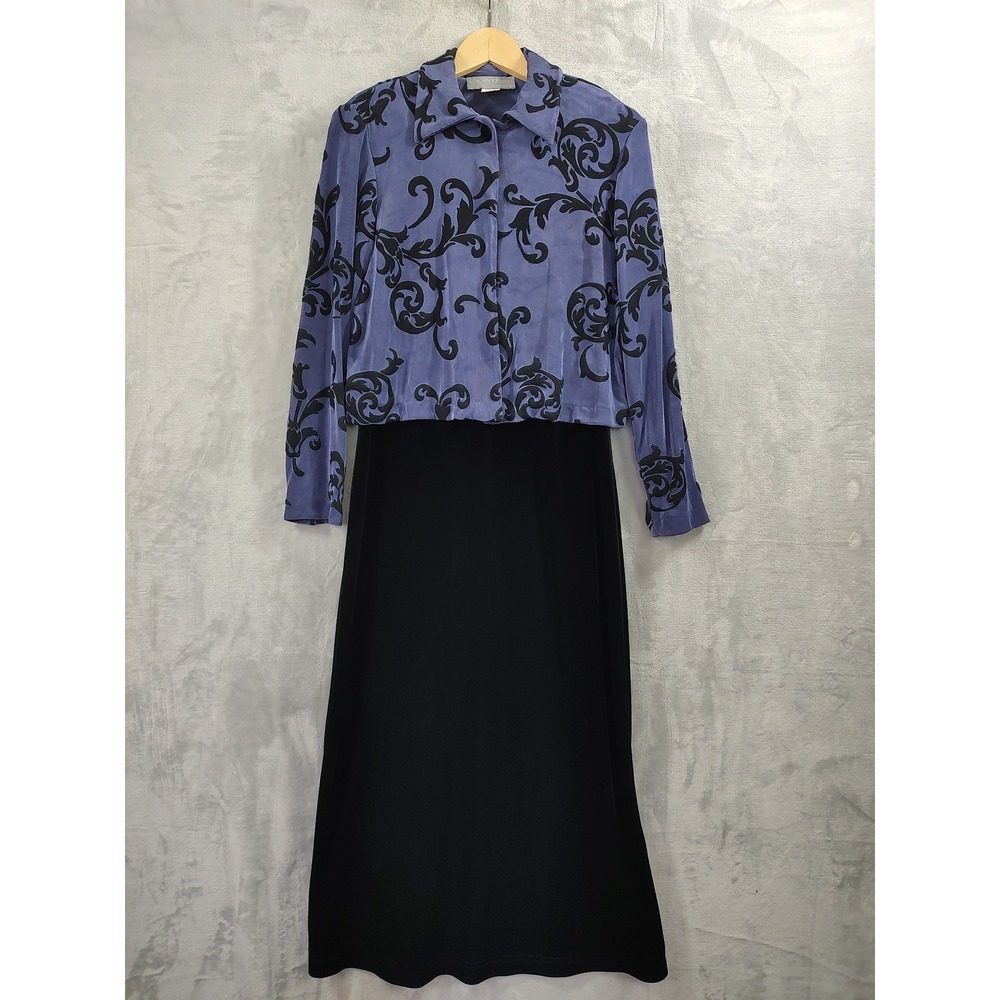 Carol Anderson California Womens Small Purple Black Scroll Jacket Maxi Dress Set